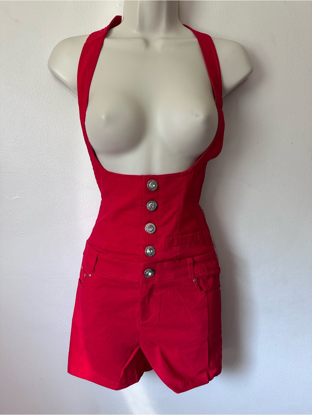 Red Women's High-Waist Buttoned Denim Shorts Romper
